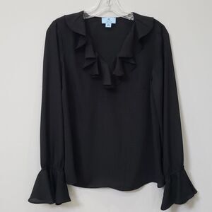 CeCe Blouse Womens sz Small Black Ruffled V Neck Poet's Sleeve Top